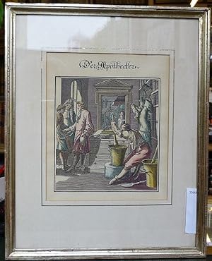 Der Apothecker. Farbdruck nach einem teilkolor. Holzschnitt von 1698.