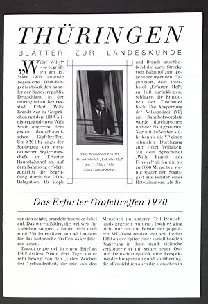 Bild des Verkufers fr Das Erfurter Gipfeltreffen 1970; Thringen, Bltter zur Landeskunde; zum Verkauf von books4less (Versandantiquariat Petra Gros GmbH & Co. KG)