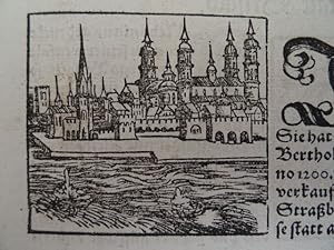 6 Holzschnittvignetten auf 1 doppelblattgroßem Textblatt aus Seb. Münster, Cosmographia, um 1550....