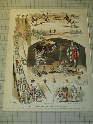 Imagen del vendedor de 1887 Puck Lithograph of "What Shall We Do With Our Convicts?" - The Abolition of Contract Labor Leaves Them Idle - We Suggest a Few Pleasant Amusements to Help Them Kill Time - 19th Century Criminal Justice Satire a la venta por rareviewbooks