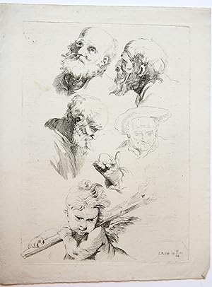 Antique print, etching | Studies of elderly men heads, a hand and a putto, published 1801.
