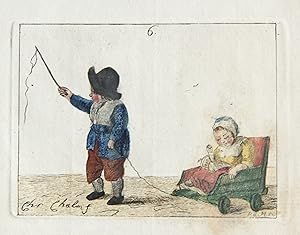 Handgekleurde ets/Handcolored etching: Children playing with a cart [plate 6 from "Zinspelende ge...