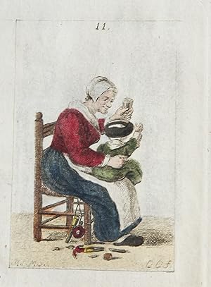 Handgekleurde ets/Handcolored etching: Mother and child [plate 11 from "Zinspelende gedigjes, op ...