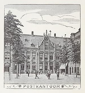 Wood engraving/Houtgravure of Postkantoor, Haarlem. From the book: Eenentwintig houtgravures van ...