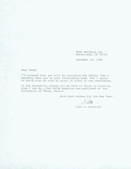 TLS John G. Krisilas to Herb Yellin, December 29, 1992. RE: Updike, Arion (UT Austin).