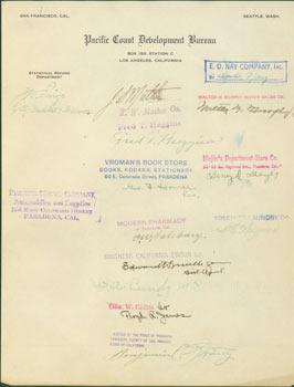 Seller image for Autographs from noteworthy Californians on Pacific Coast Development Bureau letterhead. RE: Commercial Encyclopedia of the Pacific Southwest by Ellis A. Davis. for sale by Wittenborn Art Books