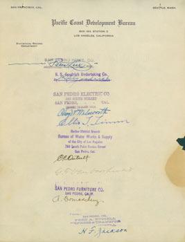 Seller image for Autographs from noteworthy Californians on Pacific Coast Development Bureau letterhead. RE: Commercial Encyclopedia of the Pacific Southwest by Ellis A. Davis. for sale by Wittenborn Art Books