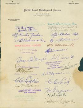 Immagine del venditore per Autographs from noteworthy Californians on Pacific Coast Development Bureau letterhead. RE: Commercial Encyclopedia of the Pacific Southwest by Ellis A. Davis. venduto da Wittenborn Art Books