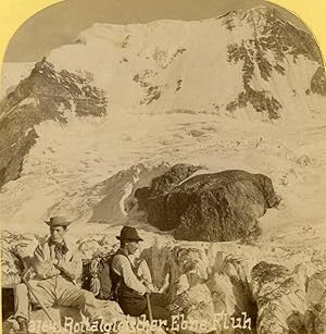 Switzerland Mountaineers on the Rottal Glacier Old Stereoview photo Gabler 1885