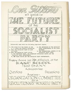 Bild des Verkufers fr [Drop title] Ben Gitlow Will Speak on the Future of the Socialist Party zum Verkauf von Lorne Bair Rare Books, ABAA