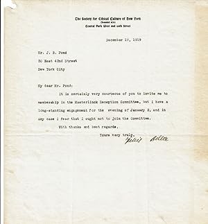 Immagine del venditore per TYPED LETTER SIGNED by the influential German-American philosopher FELIX ADLER in reply to an invitation by James B. Pond to join his reception committee for Maeterlinck's first American lecture. venduto da Blue Mountain Books & Manuscripts, Ltd.