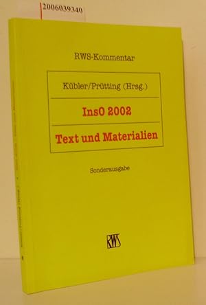 Bild des Verkufers fr InsO 2002 - Text und Materialien RWS-Kommentar - Sonderausgabe zum Verkauf von ralfs-buecherkiste