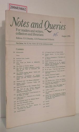 Imagen del vendedor de Notes and Queries - New Series * Vol. 25 * No. 4 * August 1978 For readers and writers, collectors and librarians a la venta por ralfs-buecherkiste