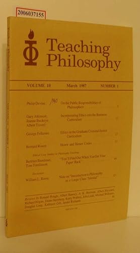 Bild des Verkufers fr Teaching Philosophy Volume 10 * March 1987 * Number 1 zum Verkauf von ralfs-buecherkiste