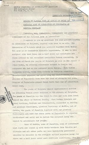 Speech by Marshall Tito at Review of Units of National Army of Liberation of Yugoslavia at Banjic...