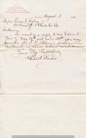 Handwritten, Signed Letter from Baltimore Attorney Charles A. Boston to Simons & Siegel of Charle...