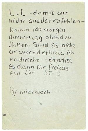Bild des Verkufers fr Eigenhndige Postkarte mit Unterschrift  St. G." an Lothar Treuge. zum Verkauf von Kotte Autographs GmbH