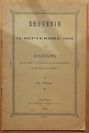 Souvenir du 14 septembre 1902. Disocurs prononcés à l'occasion de l'inauguration du Temple du Sen...