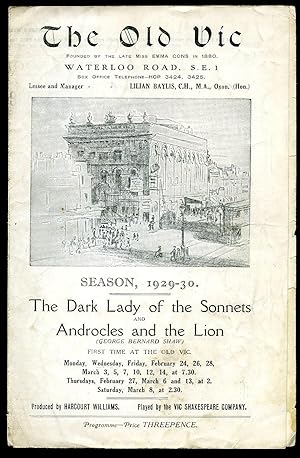 Imagen del vendedor de The Dark Lady of the Sonnets and Androcles and the Lion: Souvenir Theatre Programme Performed at The Old Vic. The Royal Victoria Hall, Opposite Waterloo Station, London a la venta por Little Stour Books PBFA Member