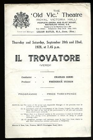 Seller image for Il Trovatore: Souvenir Theatre Programme Performed at The Old Vic. The Royal Victoria Hall, Opposite Waterloo Station, London for sale by Little Stour Books PBFA Member