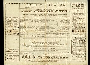 Bild des Verkufers fr The Circus Girl: Souvenir Theatre Programme Performed at The Gaiety Theatre, Strand, London zum Verkauf von Little Stour Books PBFA Member