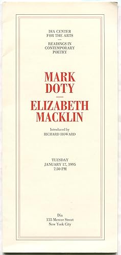 Bild des Verkufers fr Dia Center for the Arts - Reading In Contemporary Poetry: Mark Doty - Elizabeth Macklin zum Verkauf von Between the Covers-Rare Books, Inc. ABAA