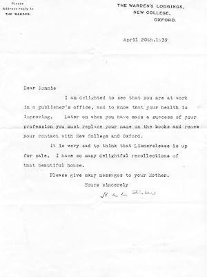 Bild des Verkufers fr Two Autograph Letters Signed and one Typed Letter Signed (all three 'H A L Fisher') to 'Ronnie' [Ronald Chapman], and one Autograph Letter Signed ('Herbert Fisher') to the latter's mother, Mrs Chapman, concerning his education. zum Verkauf von Richard M. Ford Ltd