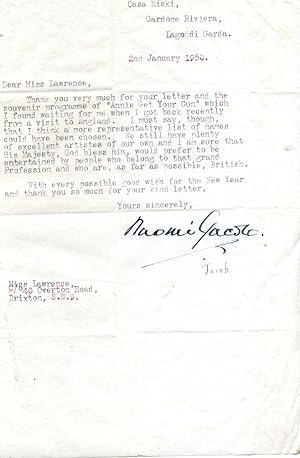 Imagen del vendedor de Two Typed Letters Signed ('Naomi Jacob.'), author and actress, to Eva Lawrence. a la venta por Richard M. Ford Ltd