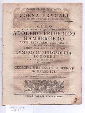Seller image for Commentatio epistolica de coena frugali a Plinio L. I.epist. XV. descripta. Praes. Adolph Friedrich Hamberger. for sale by Antiquariat Winfried Scholl (VDA/ILAB)