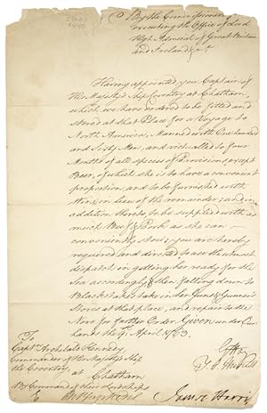 Manuscript document, one page, signed by Thomas Orby Hunter, James Harris (tear affecting letter)...