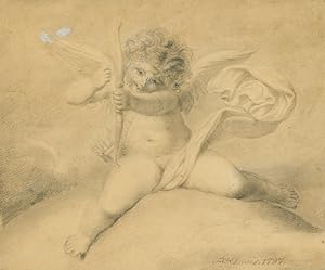 Original drawing of a seated Cupid having just released an arrow