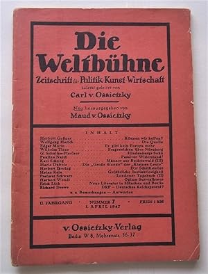 Bild des Verkufers fr Die Weltbuhne (Nummer 7 1. April 1947): Zeitschrift Fur Politik Kunst Wirtschaft zum Verkauf von Bloomsbury Books