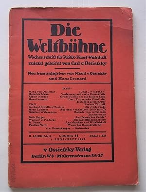 Bild des Verkufers fr Die Weltbuhne (Nummer 11 1. Juni Heft 1947): Wochenschrift Fur Politik Kunst Wirtschaft zum Verkauf von Bloomsbury Books