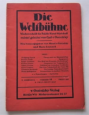 Bild des Verkufers fr Die Weltbuhne (Nummer 14 2. Juli Heft 1947): Wochenschrift Fur Politik Kunst Wirtschaft zum Verkauf von Bloomsbury Books