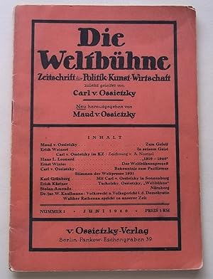 Bild des Verkufers fr Die Weltbuhne (Nummer 1 Juni 1946): Zeitschrift Fur Politik Kunst Wirtschaft zum Verkauf von Bloomsbury Books