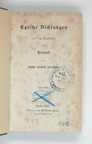 Imagen del vendedor de Epische Dichtungen aus dem Persischen des Firdusi. a la venta por Antiquariat INLIBRIS Gilhofer Nfg. GmbH