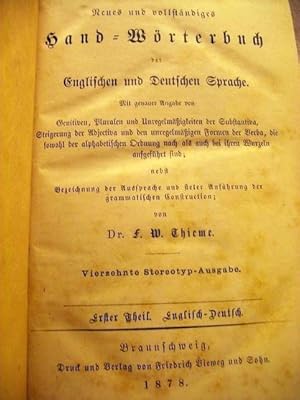 Bild des Verkufers fr Neues und vollstndiges Wrterbuch der Englischen und Deutschen Sprache Erster Teil Englisch-Deutsch zum Verkauf von Antiquariat Bler