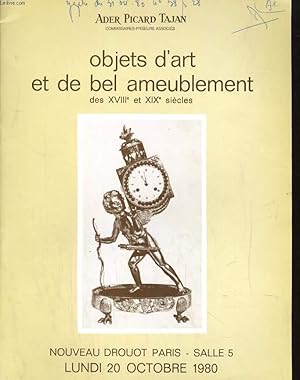 Bild des Verkufers fr CATALOGUE DE VENTES AUX ENCHERES. OBJETS D'ART ET DE BEL AMEUBLEMENT DES XVIIIe ET XIXe SIECLES. NOUVEAU DROUOT SALLE 5. LUNDI 20 OCTOBRE 1980 zum Verkauf von Le-Livre