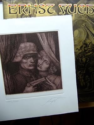 Seller image for Fuchs ber Ernst Fuchs. Bilder und Zeichnungen von 1945 - 1976. Mit einem einfhrenden Text von Marcel Brion. * Mit der beiliegenden Originalradierung "Soldat und Mdchen" - Exemplar Nr. 2983/3000 von Ernst Fuchs signiert (Bildformat ca. 18x16 cm). for sale by Antiquariat Heinzelmnnchen