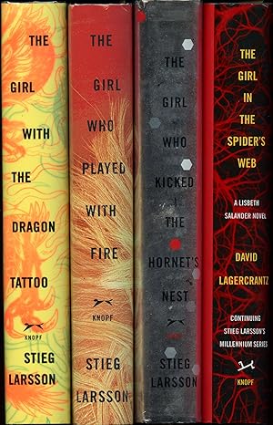 Imagen del vendedor de THE MILLENNIUM TRILOGY: THE GIRL WITH THE DRAGON TATTOO (2008), THE GIRL WHO PLAYED WITH FIRE (2009), THE GIRL WHO KICKED THE HORNET'S NEST (2010) Three Matching Books are AS NEW, FIRST UNITED STATES EDITION; ALSO INCLUDES A FOURTH BOOK: The Girl In the Spider's Nest written after Larsson's death by DAVID LAGERCRANTZ. a la venta por Shepardson Bookstall