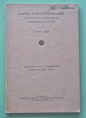 Seller image for Paper and Paperboard: Characteristics, Nomenclature, and Significance of Tests, October 1944 for sale by Bloomsbury Books