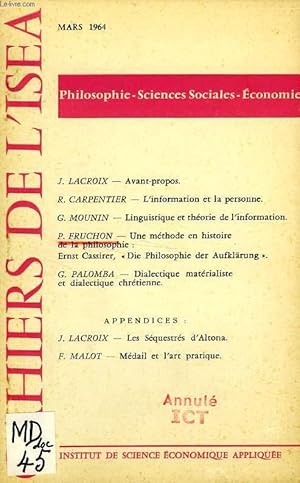 Bild des Verkufers fr CAHIERS DE L'ISEA, MARS 1964 (EXTRAIT), UNE METHODE EN HISTOIRE DE LA PHILOSOPHIE: ERNST CASSIRER, 'DIE PHILOSOPHIE DER AUFKLARUNG' zum Verkauf von Le-Livre