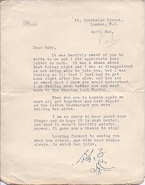Seller image for Two Typed Letters Signed from the Hollywood actress Bebe Daniels, wife of Ben Lyon, to 'Ruby', the variety entertainer Rubye Mae Colleano, mother of the film actor Bonar Colleano. for sale by Richard M. Ford Ltd