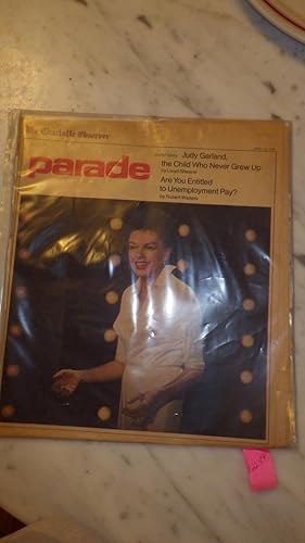 Seller image for Glamorous Very Thin Judy Garland Parade Magazine, April 13, 1975, On Cover in White Dress with Upraised Collar, Smiling , in Front of White Stage Lights , From Her 1960s TV Show, with Black Upswept HAIR, Judy, The Child Who Never Grew Up, Also Small Arti for sale by Bluff Park Rare Books