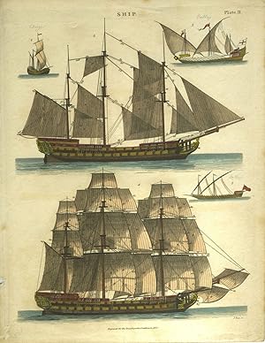 Pair of sailing ships, from Encyclopedia Londinensis 1827, Plate II and Plate III