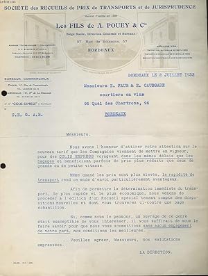 1 LETTRE ANCIENNE - SOCIETE DES RECUEILS DE PRIX DE TRANSPORTS ET DE JURISPRUDENCE - LES FILS DE ...