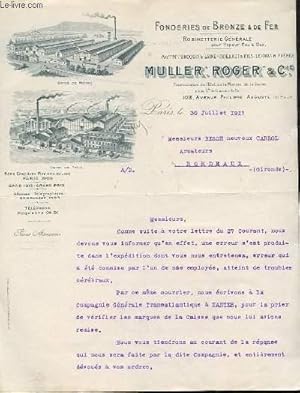 1 LETTRE ANCIENNE - FONDERIES DE BRONZE ET DE FER - ROBINETTERIE GENERALE POUR VAPEUR, EAU ET GAZ...