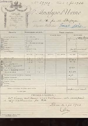 1 FACTURE ANCIENNE -A. VEILLE : PHARMACIEN DE 1° CLASSE : ANALYSE D'URINE