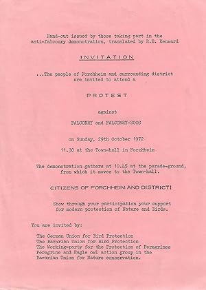 Bild des Verkufers fr THE PEOPLE OF FORCHHEIM AND SURROUNDING DISTRICT ARE INVITED TO ATTEND A PROTEST AGAINST FALCONRY AND FALCONRY-ZOOS. zum Verkauf von Coch-y-Bonddu Books Ltd