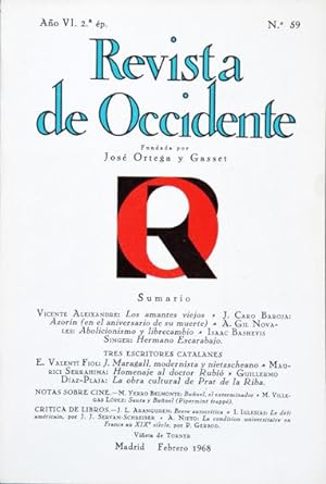 Seller image for Revista de Occidente.- Ano VI. 2 p. No. 59. - Febrero 1968. Vicente Aleixandre: Los amantes viejos; Julio Caro Baroja: Azorn; Tres escritores catalanes, etc. for sale by Lirolay